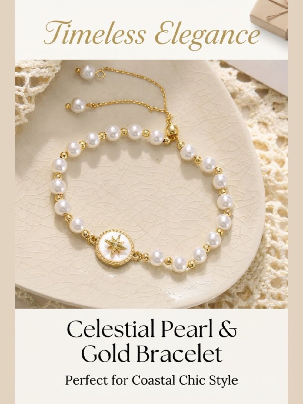 Chic Faux Pearl & Gold Tone Adjustable Pull Beaded Bracelet Star Talisman Rose